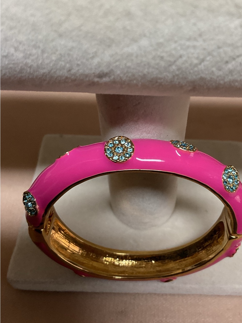 Pink Enamel Gold-Tone Bangle with Blue Crystal Accents